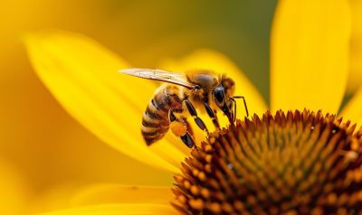Wildbiene mit Pollen auf einer gelben Blume