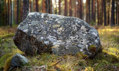 Ein Stein im Wald der mit Flechten überwachsen ist