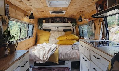 ausgebauter Camper mit kleiner Küchenzeile