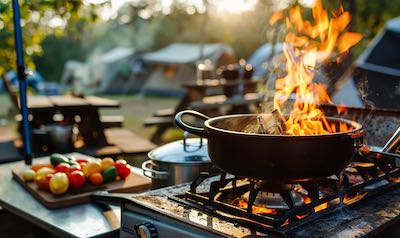 kochen in einer outdoor kitchen neben dem ausgebauten camper