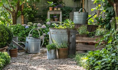 gartendeko im landhausstil mit zinkwannen und holzkisten