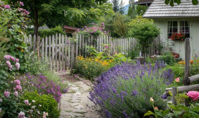 kleiner garten im landhausstil mit lavendelweg und rosen