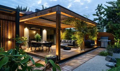 moderne holz terrassenüberdachung am einfamilienhaus abendstimmung