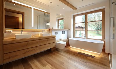 renoviertes Bad in Holzoptik