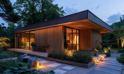 gartenhaus mit lamellenfassade abends
