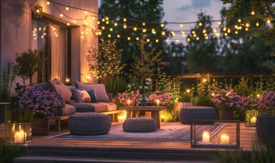 gemuetliche terrasse mit led lichterketten mediterranen pflanzen und outdoorteppich
