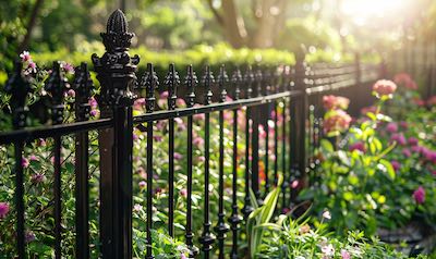 rost am gartenzaun gepflegter metallzaun im blumengarten