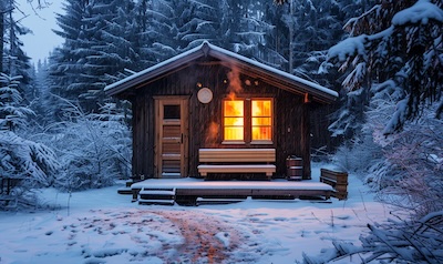 gartenhaus mit sauna aussen winterabend