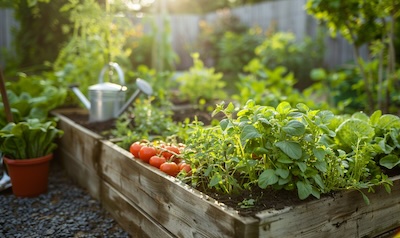 Gemüsebeet mit Tomaten und Kräutern im Schrebergarten