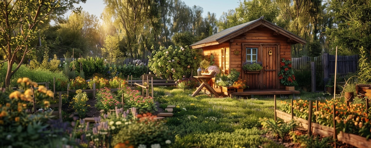 Schrebergarten mit Laube und Gemüsebeeten im Sommer