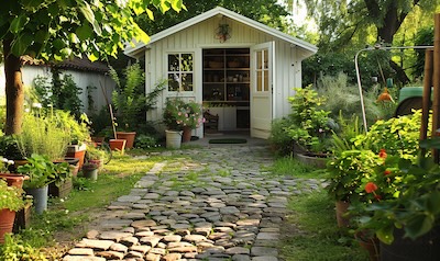 Aufgeräumter Garten mit freien Wegen und leerem Geräteschuppen nach dem Entrümpeln