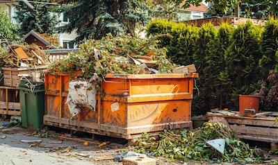 Sortierter Sperrmüll und Grünschnitt neben einem Container beim Garten entrümpeln