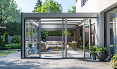 Kaltwintergarten aus Aluminium mit großen Schiebeelementen an einer Terrasse