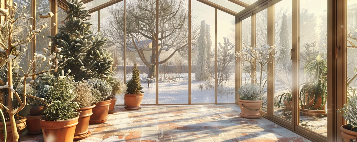 Kaltwintergarten mit Kübelpflanzen an einem Wintermorgen
